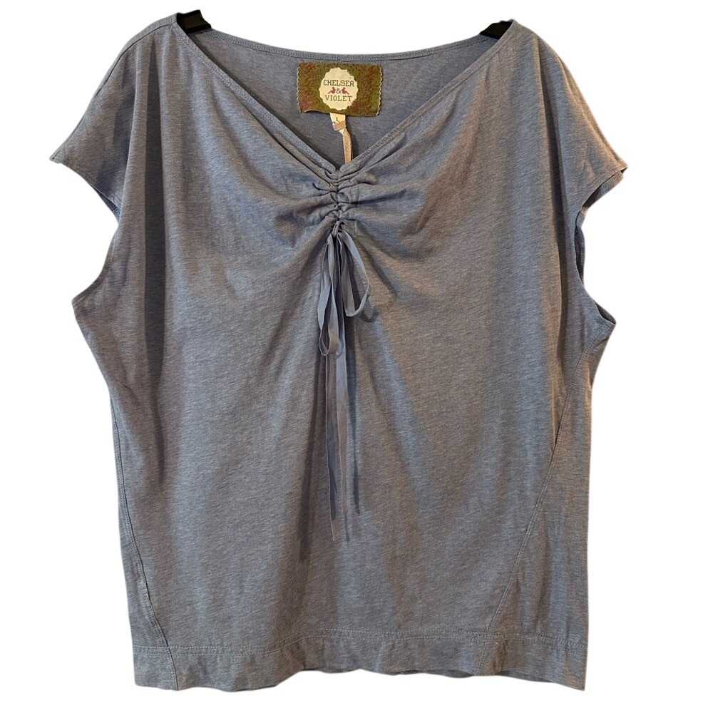 Chelsea & Violet NWT Ruched Drawstring Neck Top Blue Size L Short Sleeve  NEW